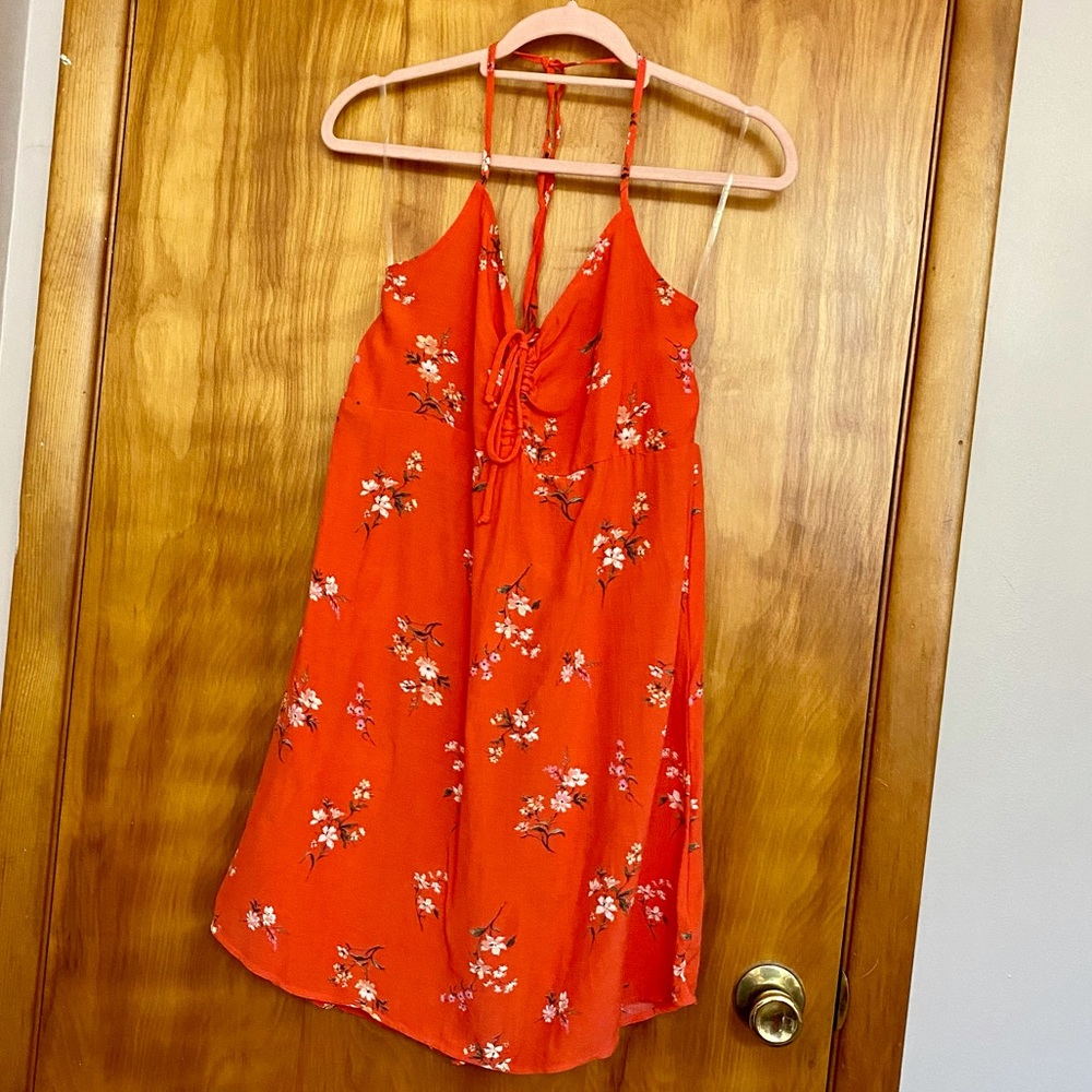 Red floral halter dress